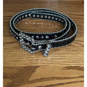 Black Rhinestone Studded Belt With Silver Buckle 43" Length Faux Leather Sz M/L